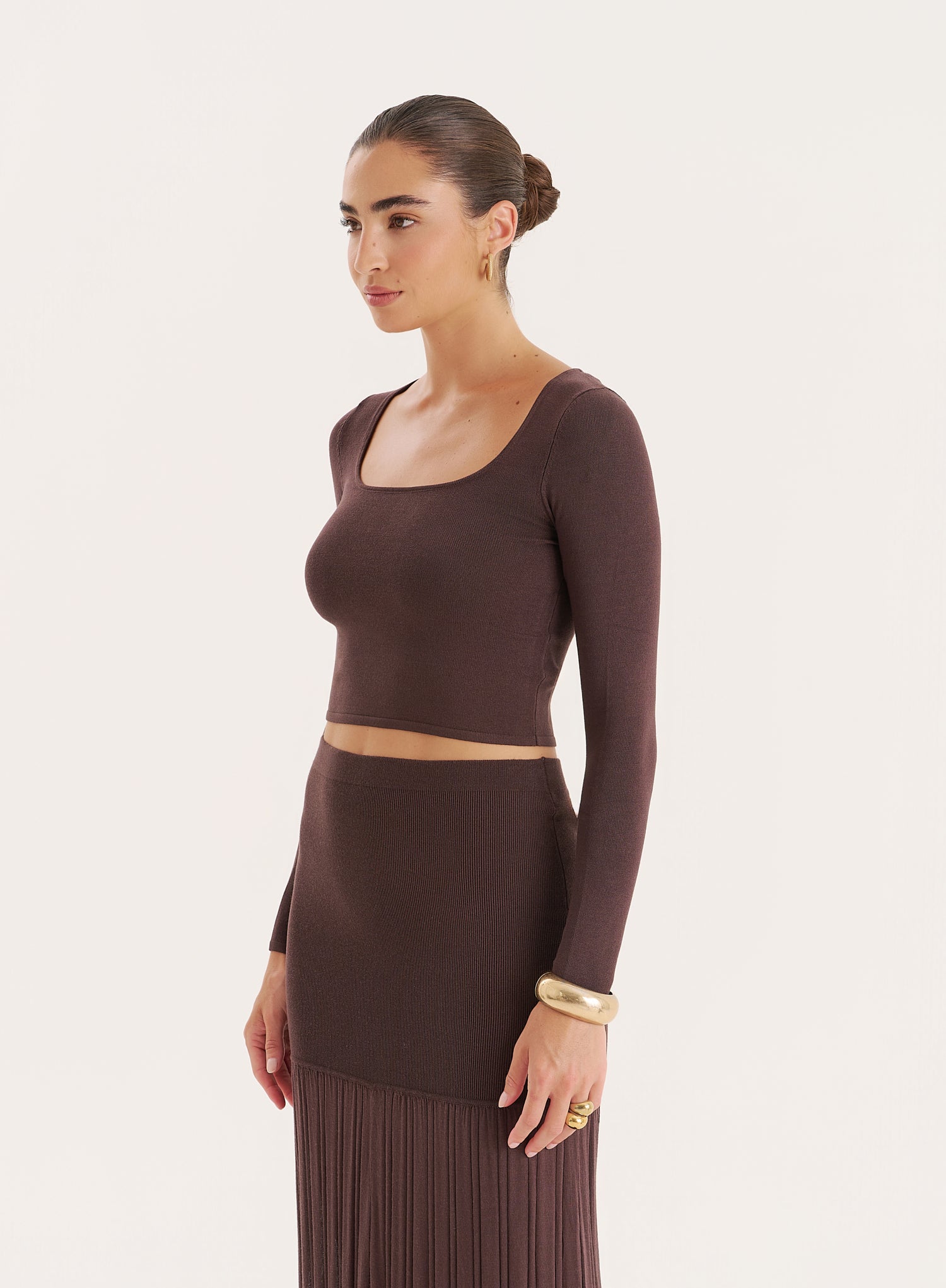 Chocolate Knitted Long Sleeve Cropped Top